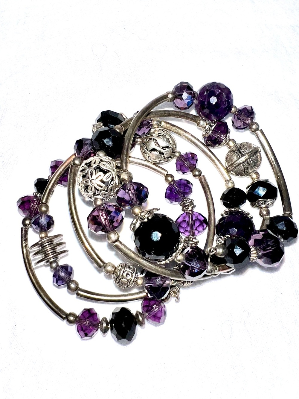 Silver Tone Wrap Bracelet Purple Black Beaded Multi Strand Dolphin Charm